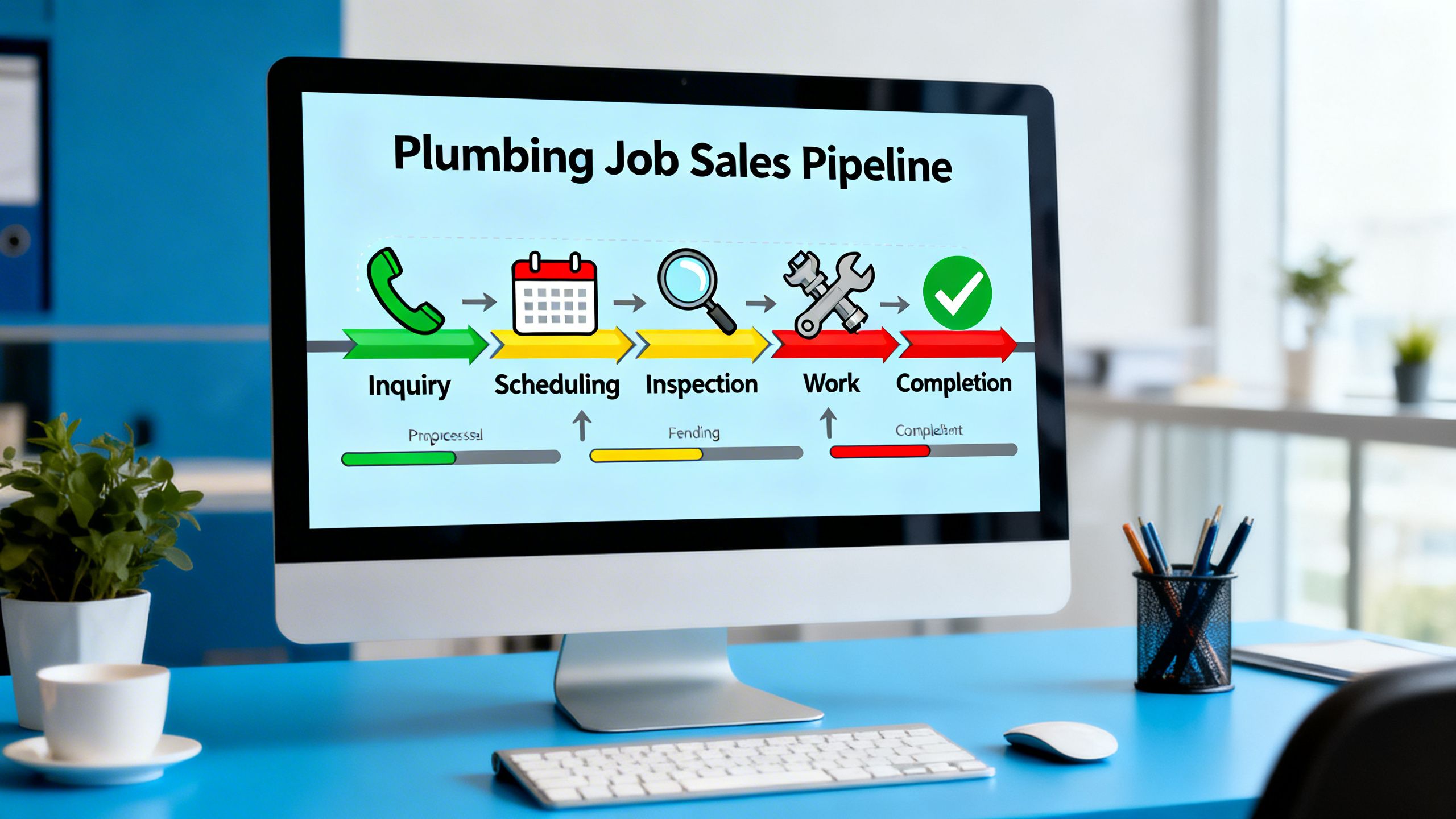 A visual sales pipeline on a computer screen showing different stages of a plumbing job, from inquiry to completion.