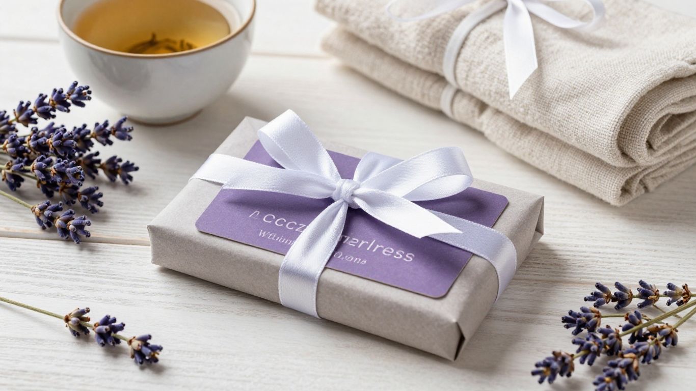 Carte cadeau et accessoires bien-être sur table