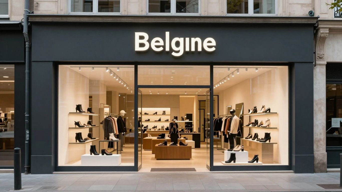 Façade du magasin Brantano Belgique avec présentoirs à chaussures visibles.