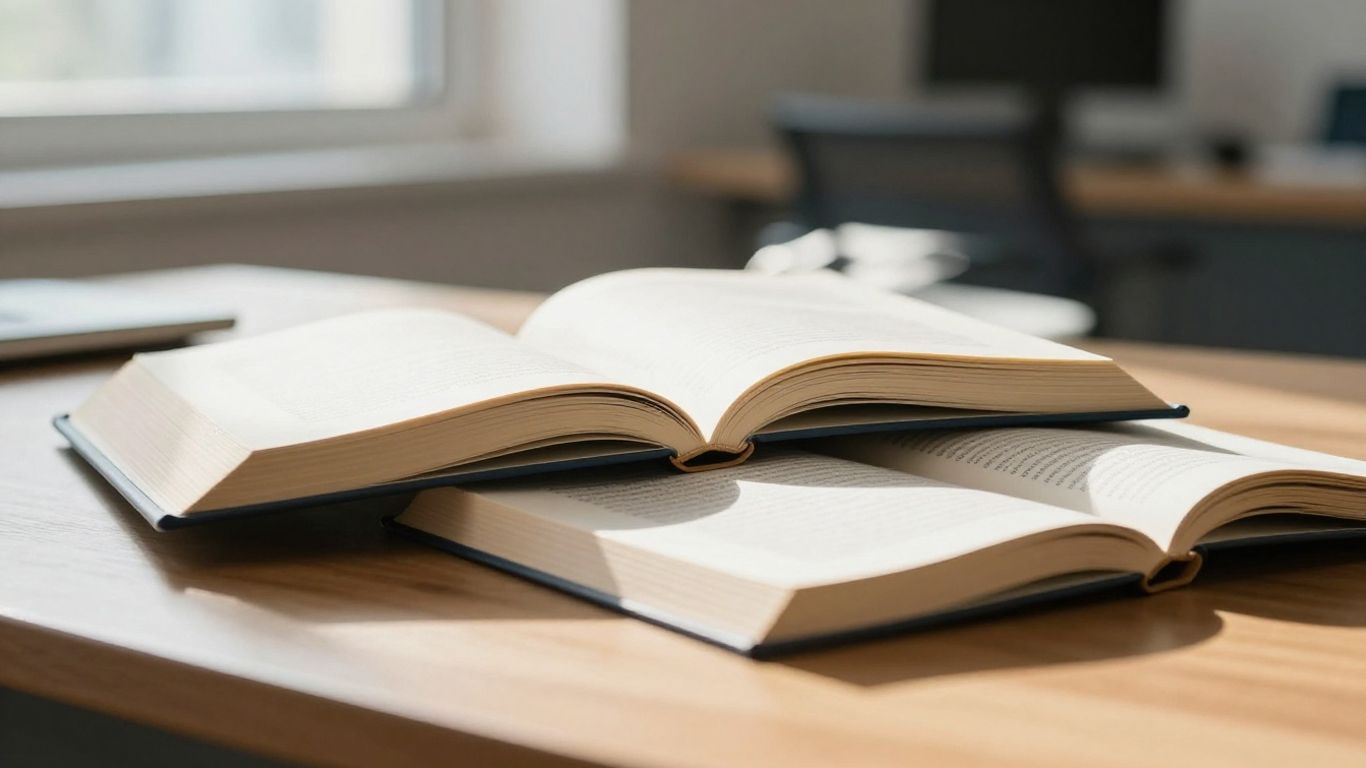 Books on a desk with sunlight