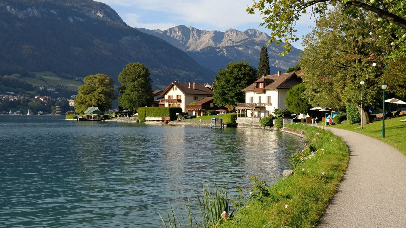 Quiet Annecy-le-Vieux waterfront with mountains