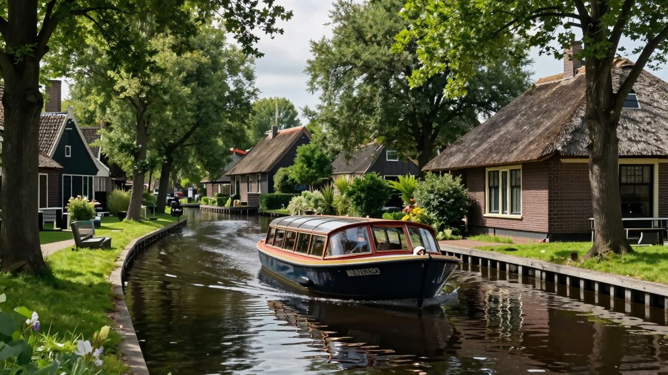 Fluisterboot vaart door Giethoornse grachten met huizen.