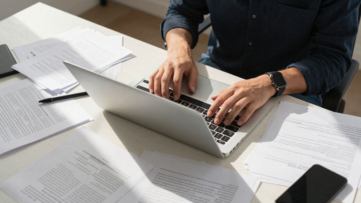 Persona trabajando duro en un escritorio con papeles.