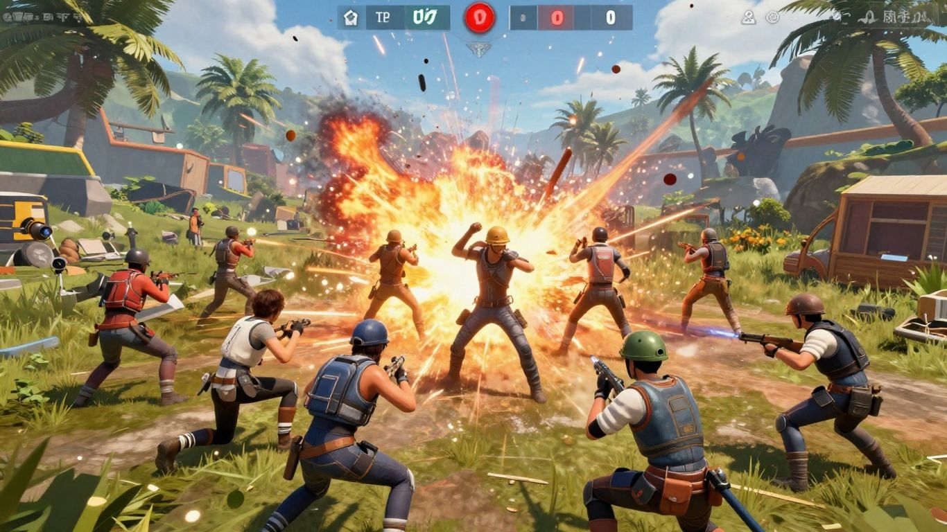 Free Fire battle royale action scene with explosions.