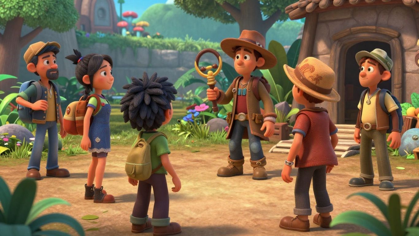 3D animation scene with characters and environments.