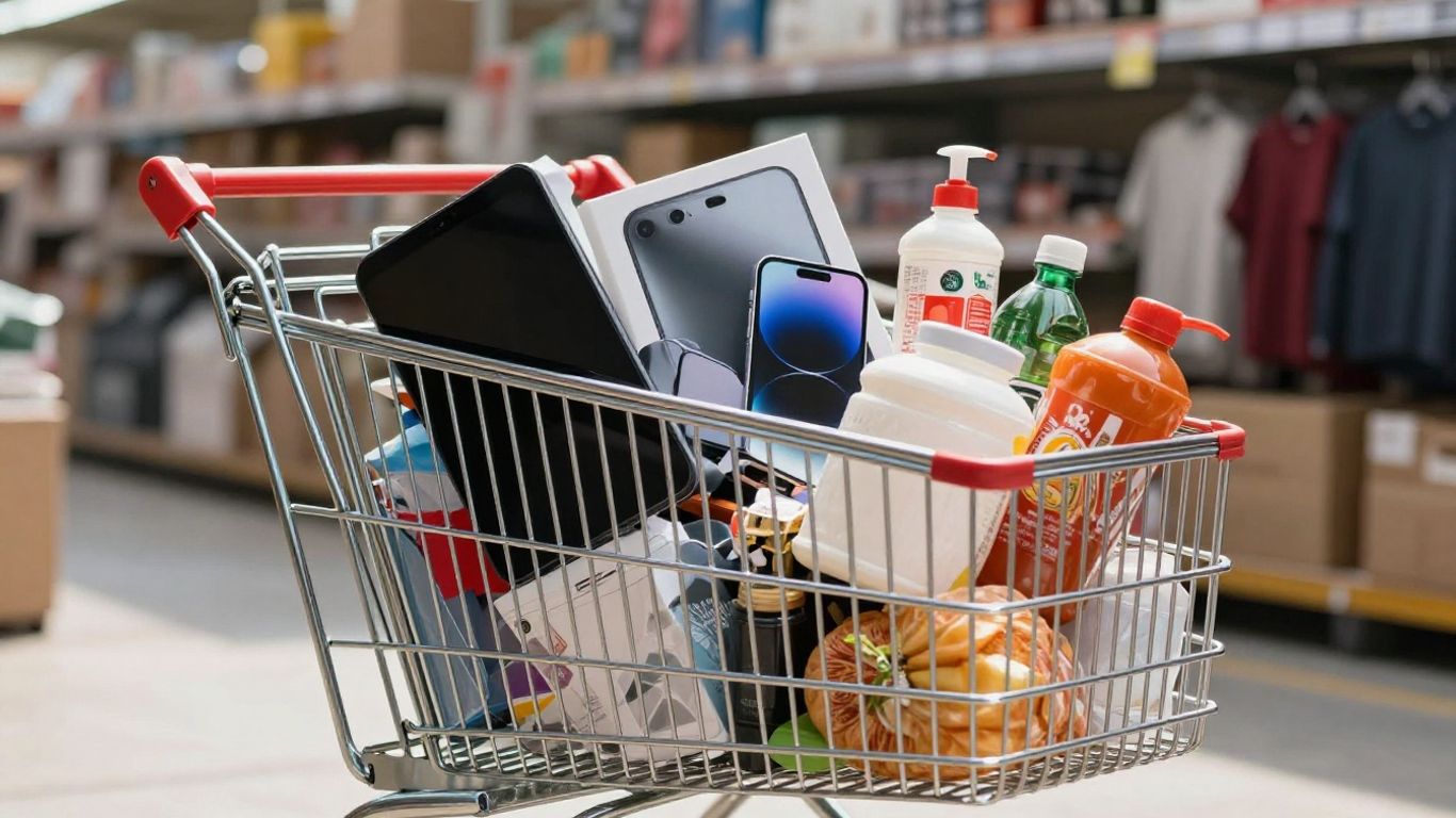 Coș de cumpărături plin cu produse diverse, în expansiune.