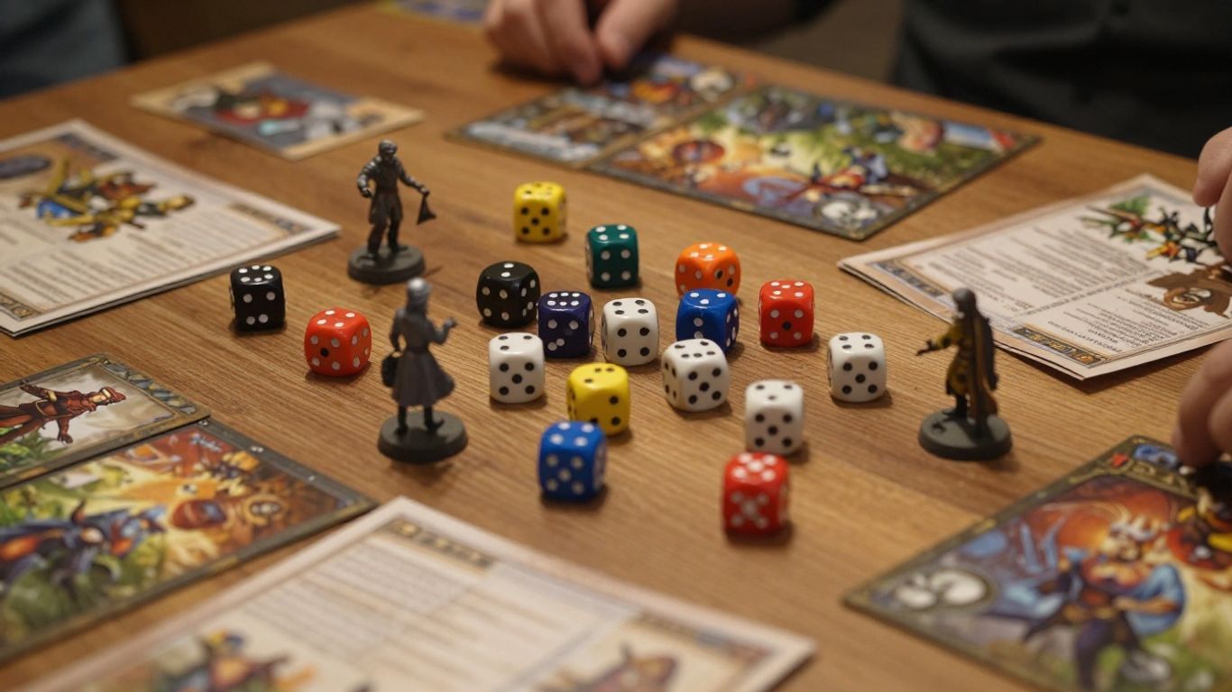 Tabletop role-playing game setup with dice and miniatures.