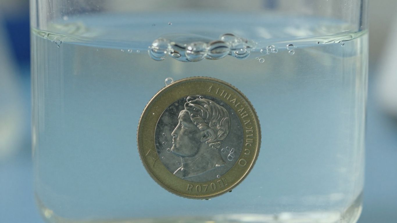 Coin submerged in water for specific gravity testing.