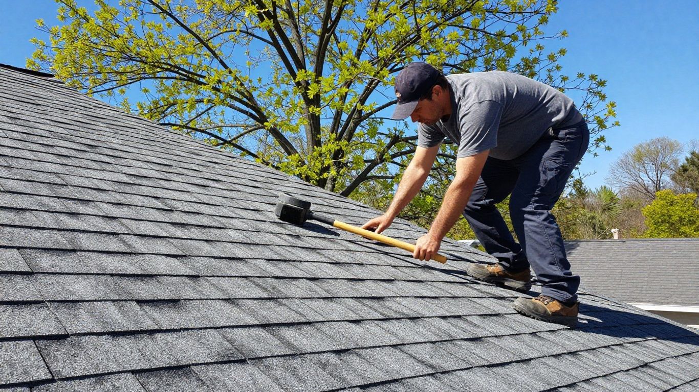 Contractor inspects residential shingle roof during spring day