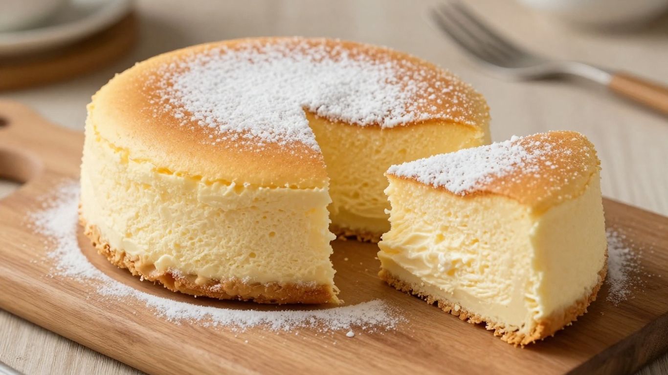 Jiggly Japanese yogurt cheesecake with powdered sugar dusting.