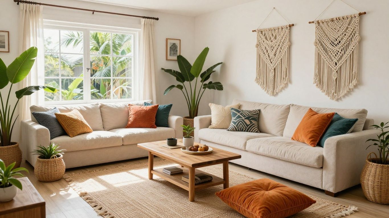 Bohemian living room with plants and textiles.
