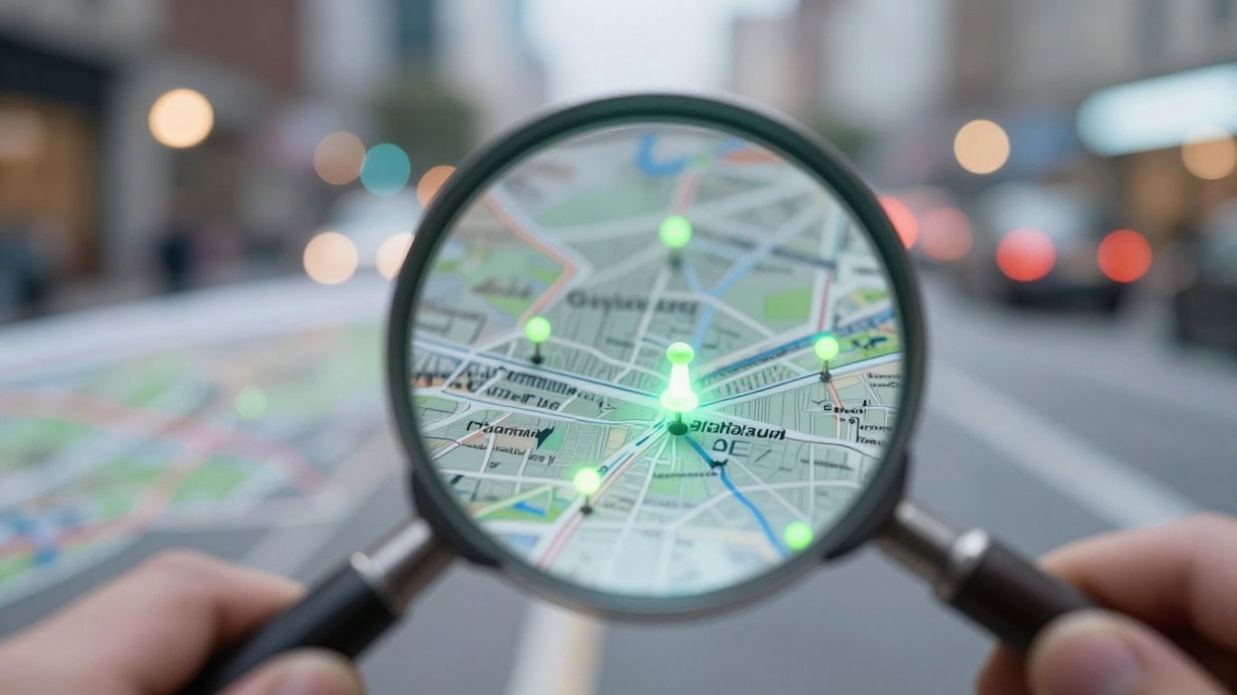 Magnifying glass over city map with glowing pins.