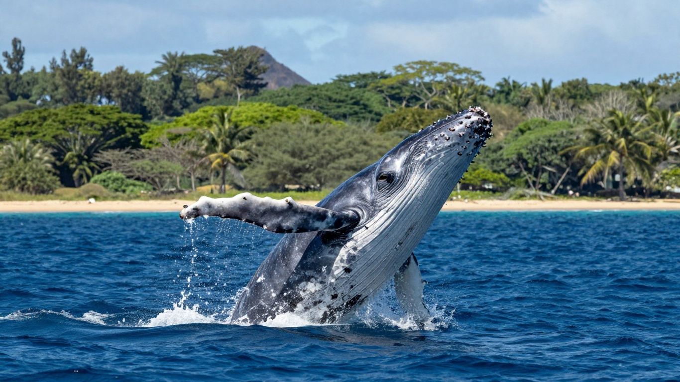 Humpback whale breaching during Hawaii migration.