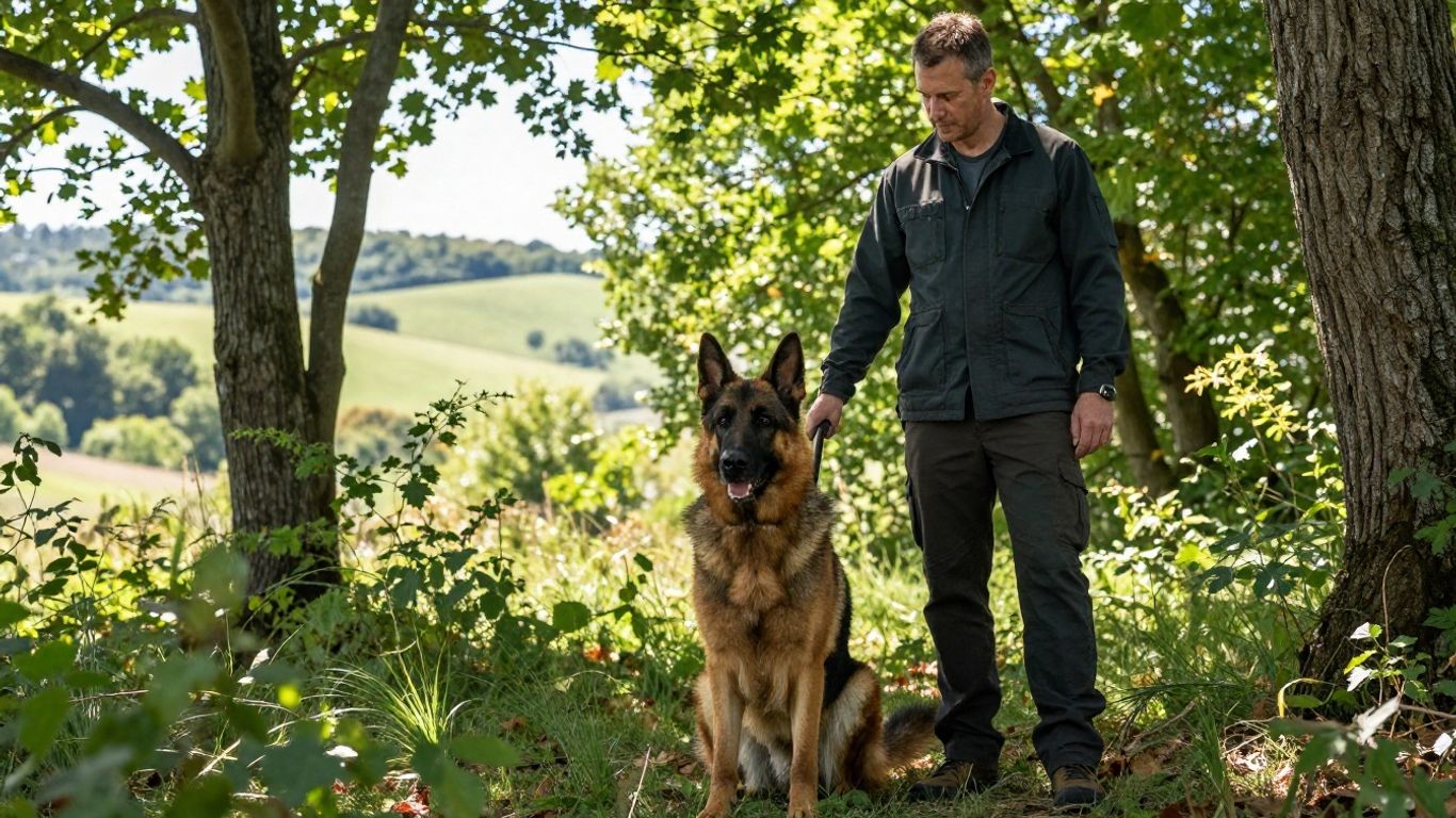 Dog training off-leash with handler in a natural setting.