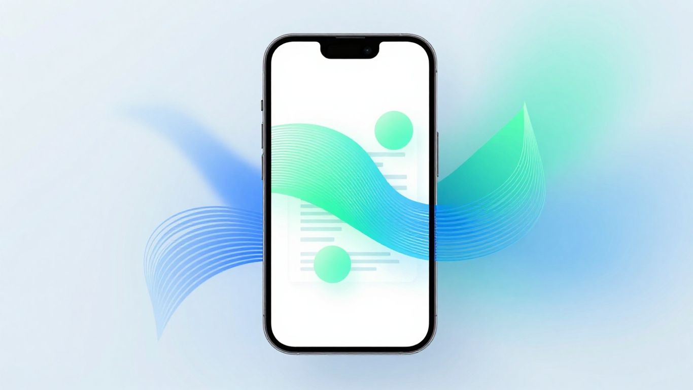 Smartphone scanning a document with abstract light effects.