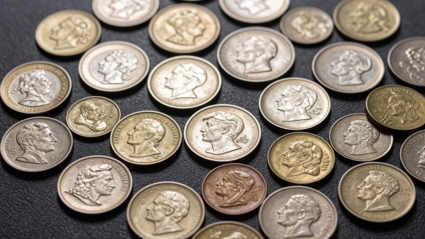 Collection of vintage coins, close-up, detailed.