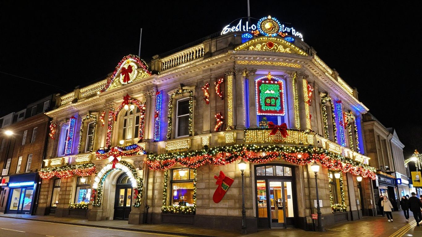 Commercial Christmas lights illuminating a Swansea building at night.