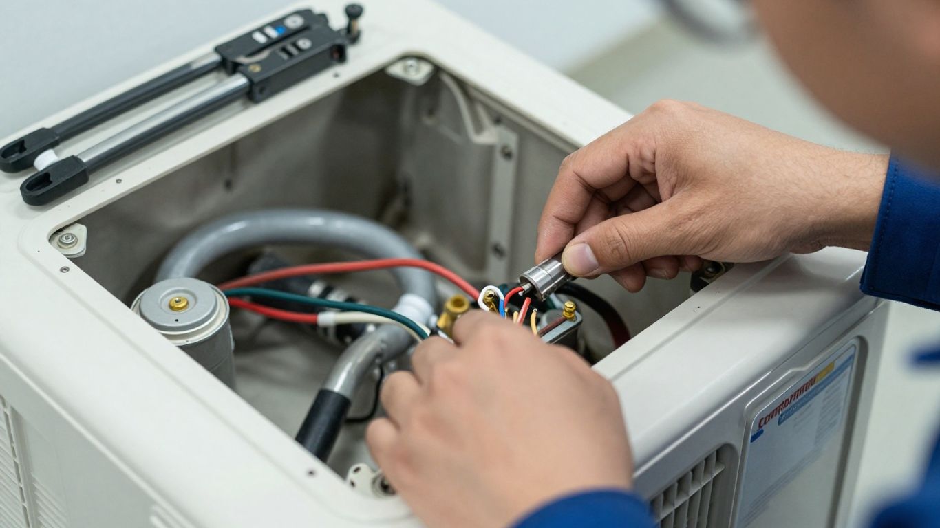 Technician repairing Comfortmaker AC unit.