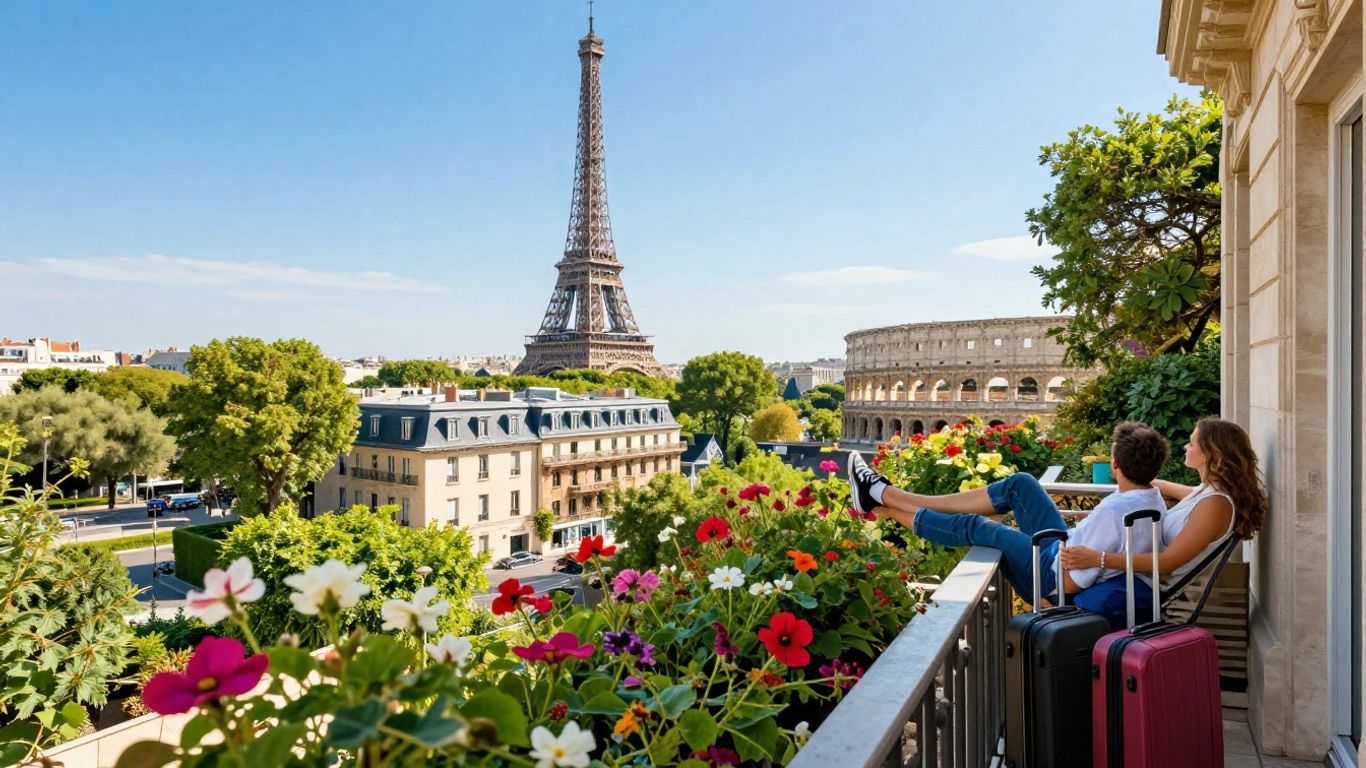 Couple enjoying a European cityscape view, ready for vacation.