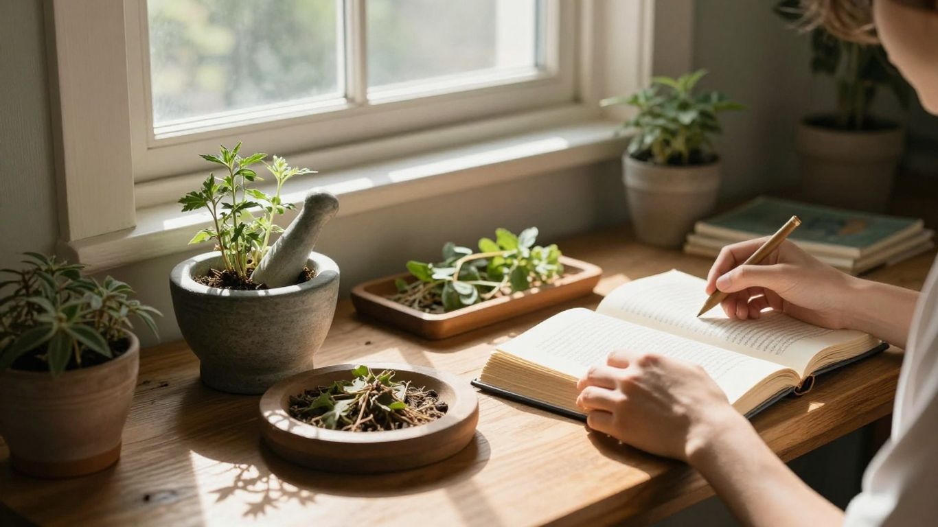 Person studying homeopathy in a bright, natural setting.