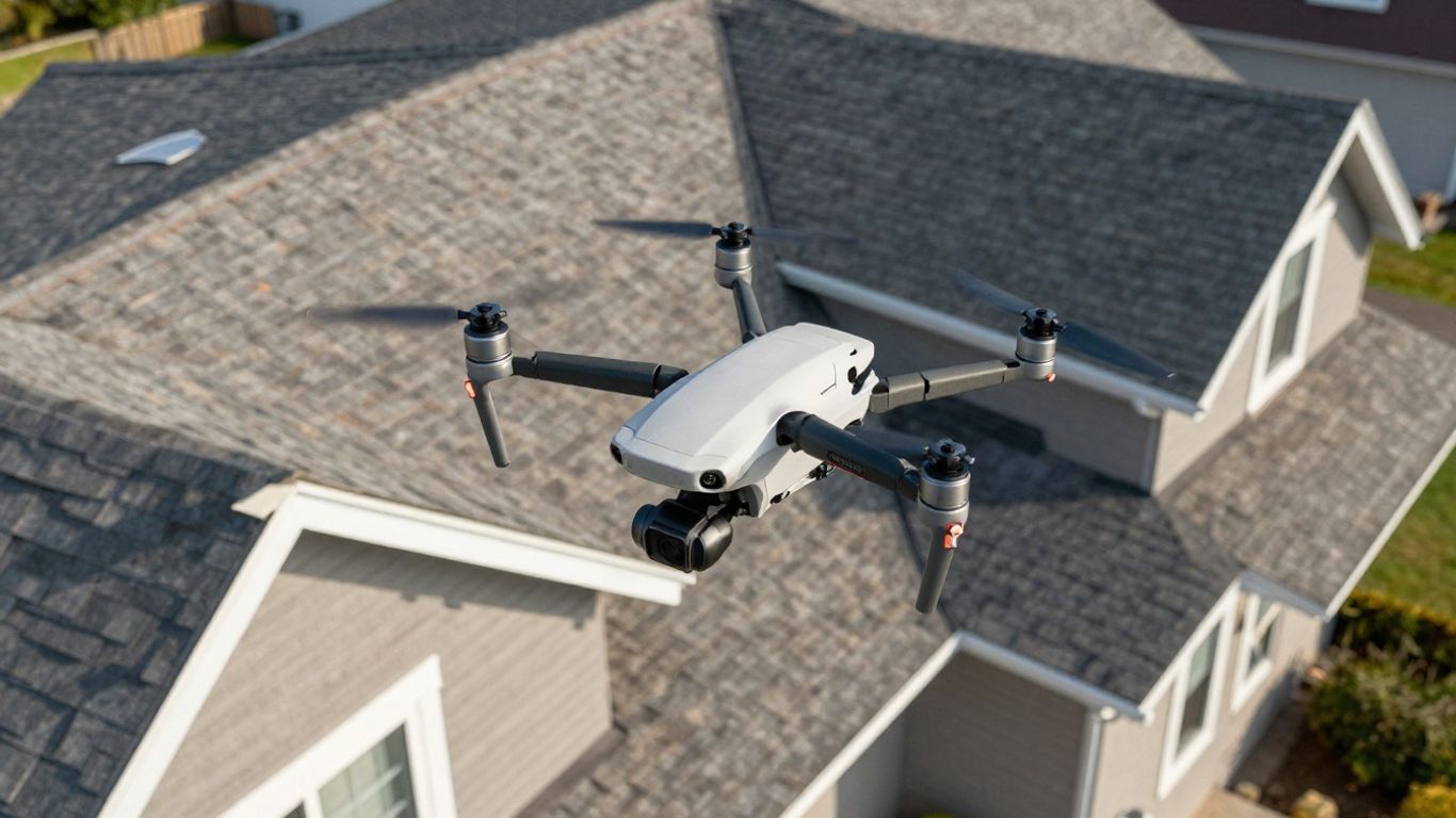 Drone inspecting a house roof from above.