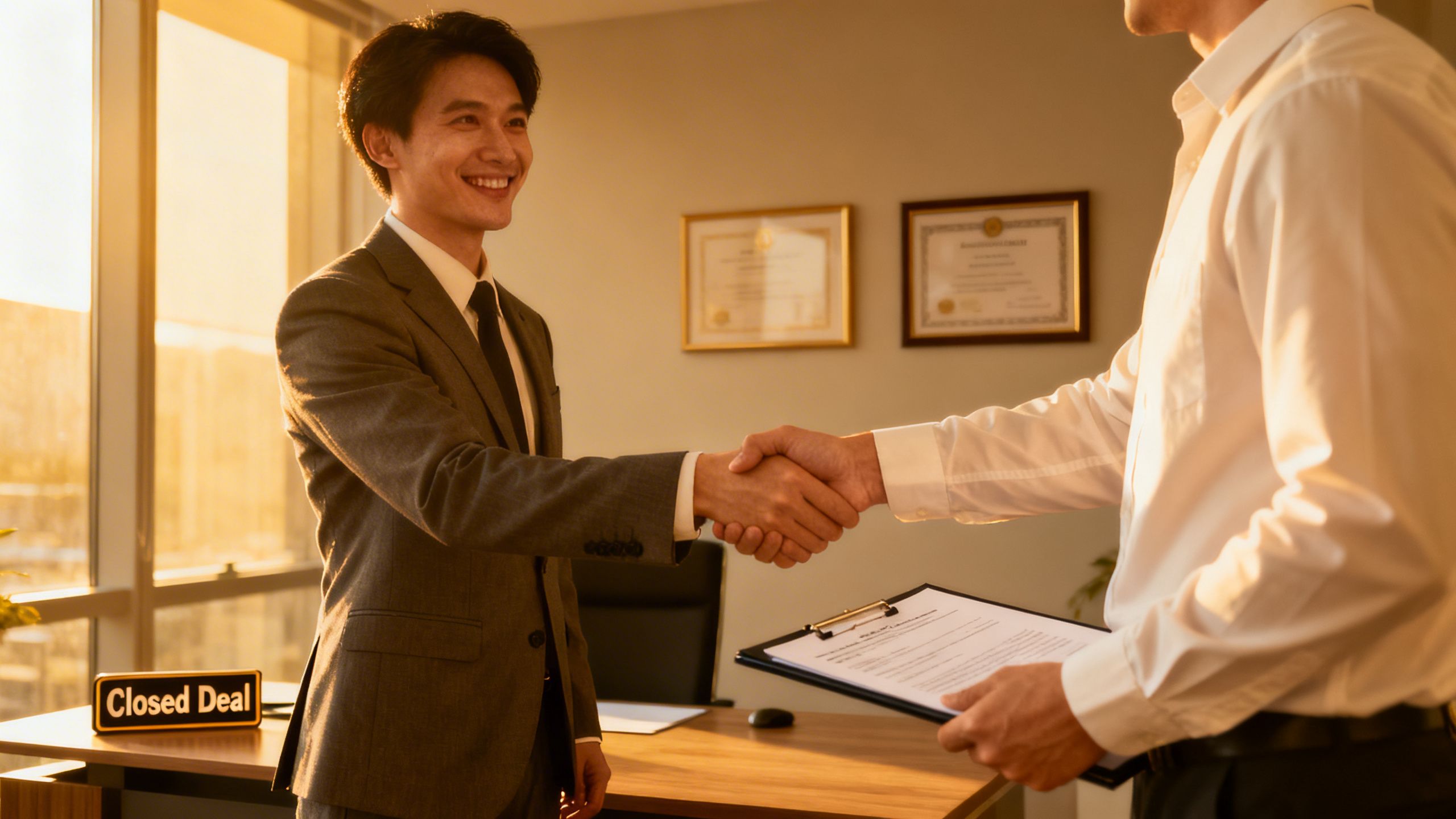 A small business owner confidently shaking a client's hand after successfully closing a deal.