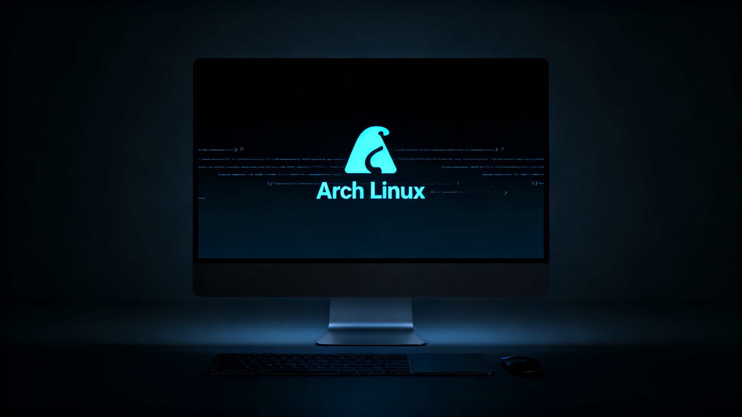 Arch Linux logo with flowing code on a dark, minimalist background.