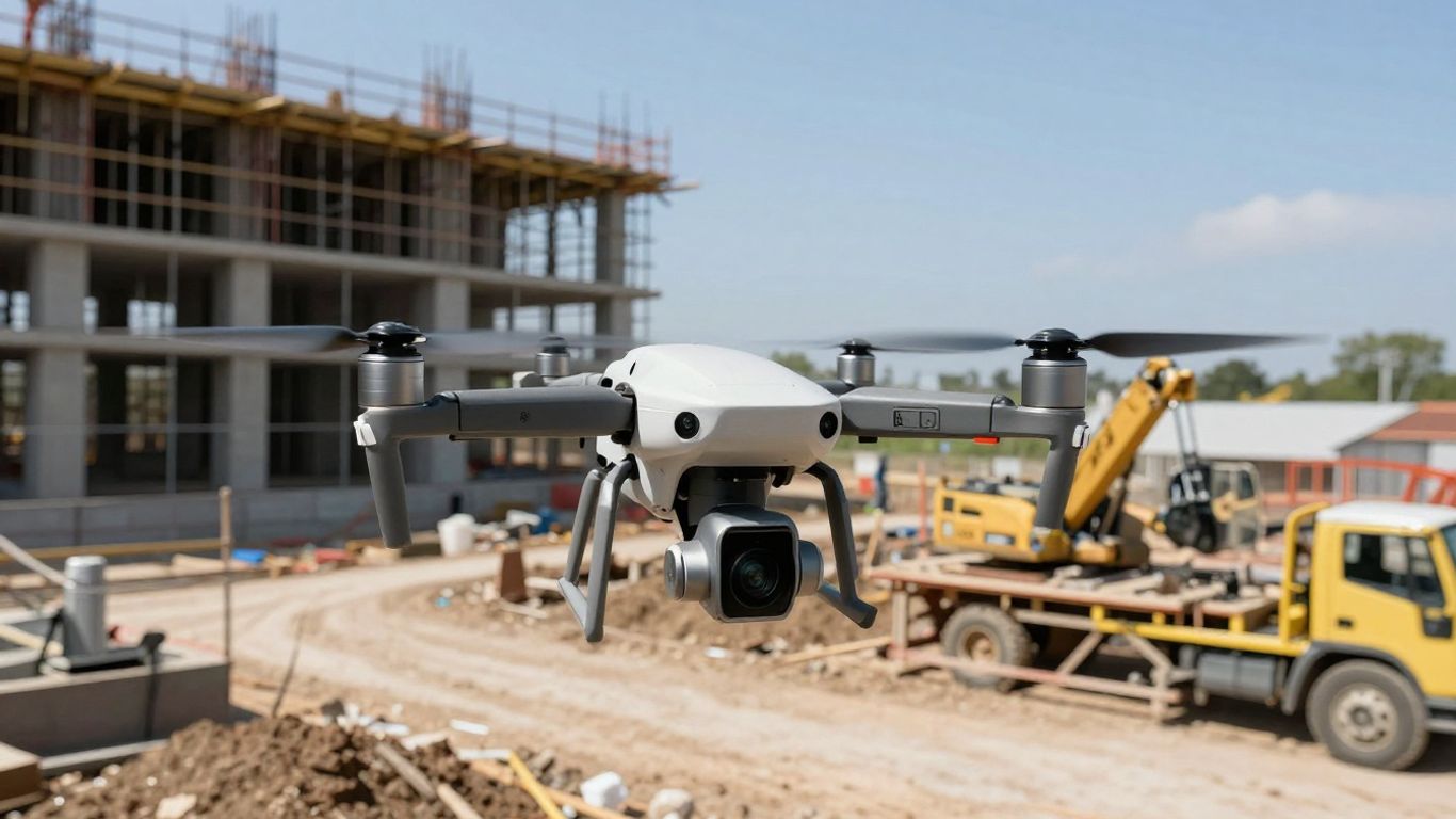 Drone surveying a construction site for BIM integration.