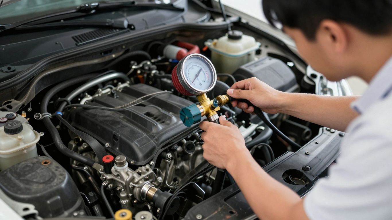 Technician testing power steering pump pressure