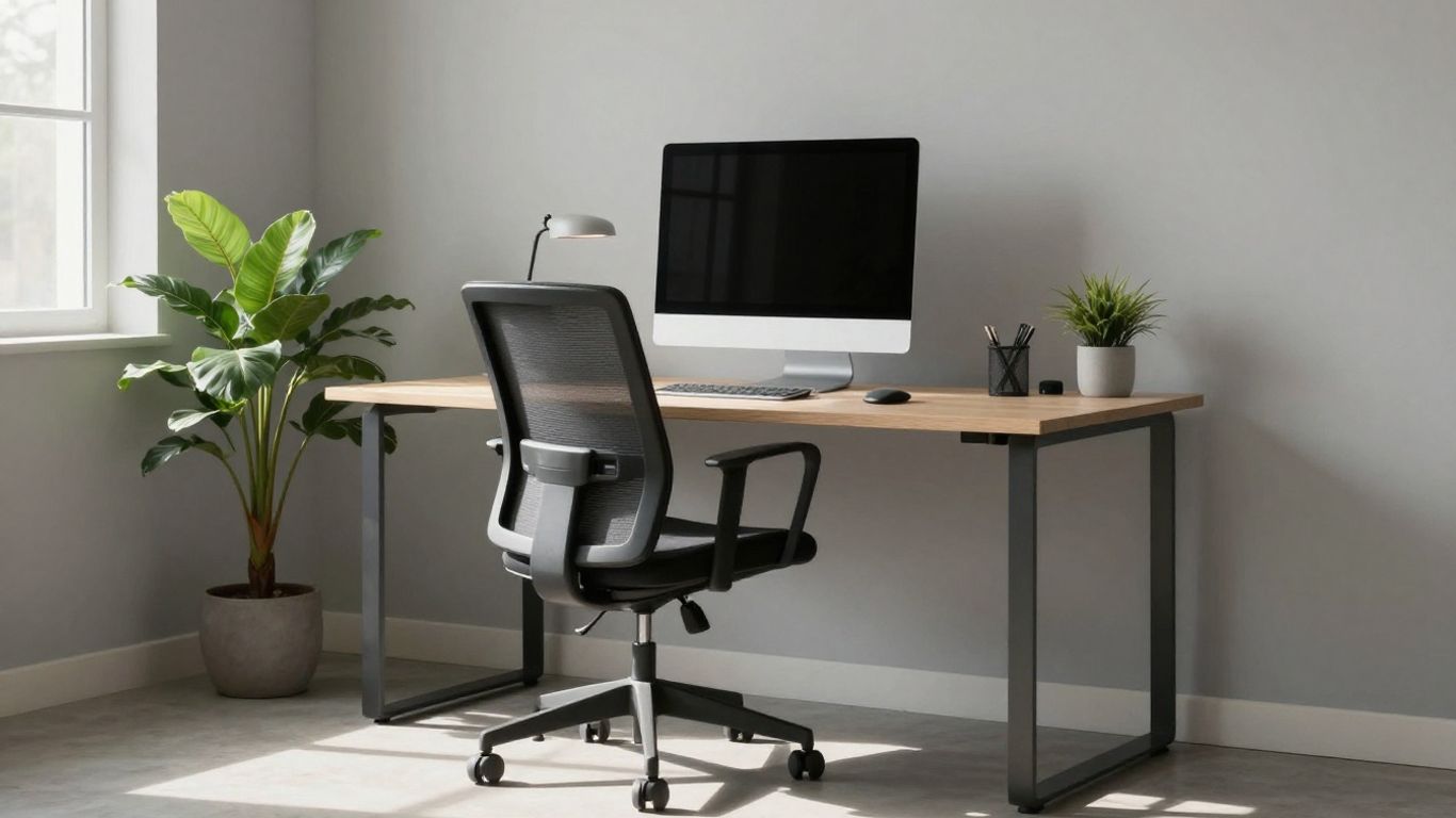 Modern workspace with natural light and plants.