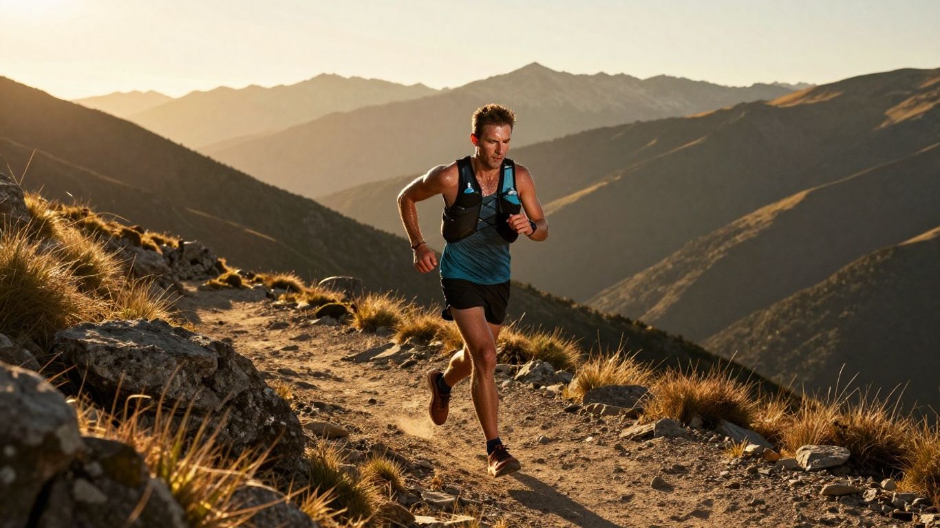 Runner on a mountain trail during golden hour.