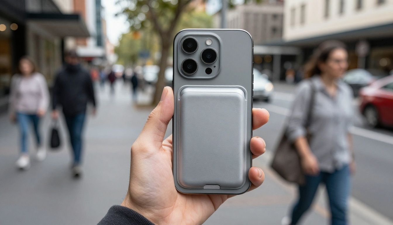 A person slipping their iPhone 15 Pro Max with a slim card slot case into their back pocket while walking down a city street in Australia.