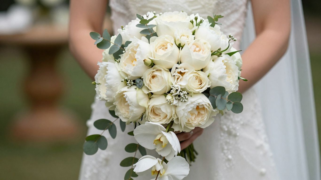 Elegant wedding bouquet with roses, peonies, and eucalyptus.