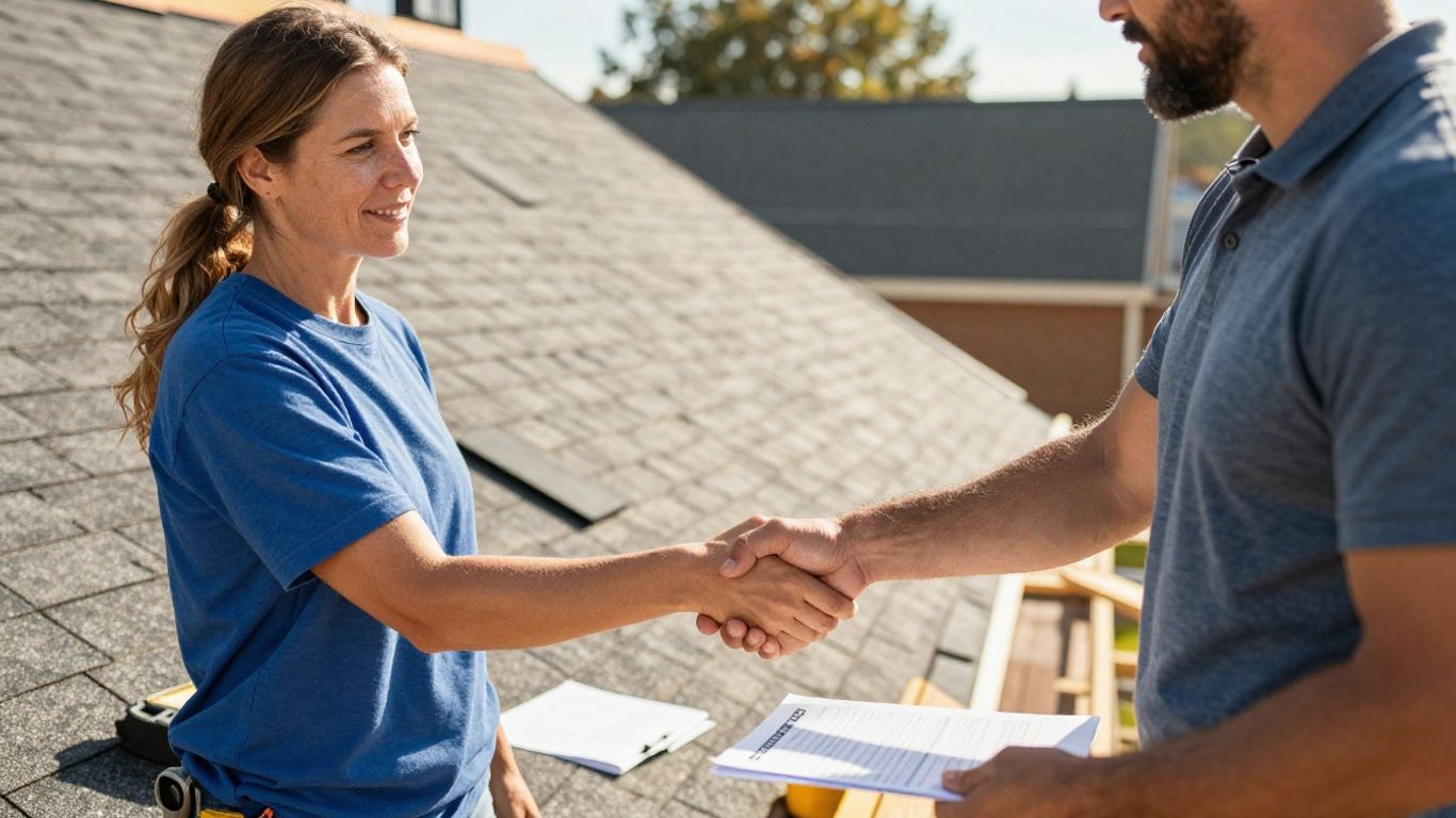 Roofing contract handshake with contractor and homeowner.