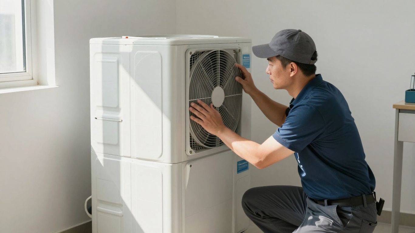 Homeowner checking HVAC unit for seasonal safety.
