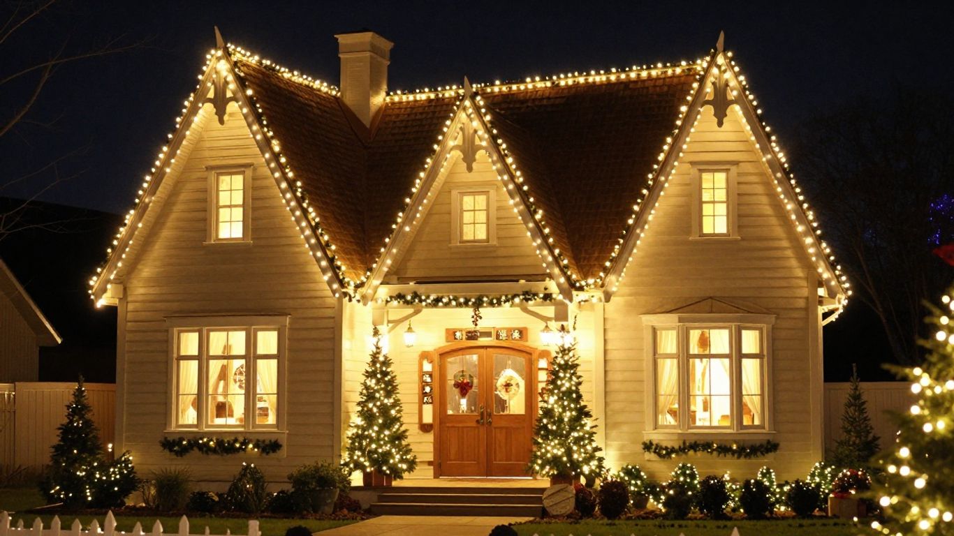 House with permanent Christmas lights glowing at night.