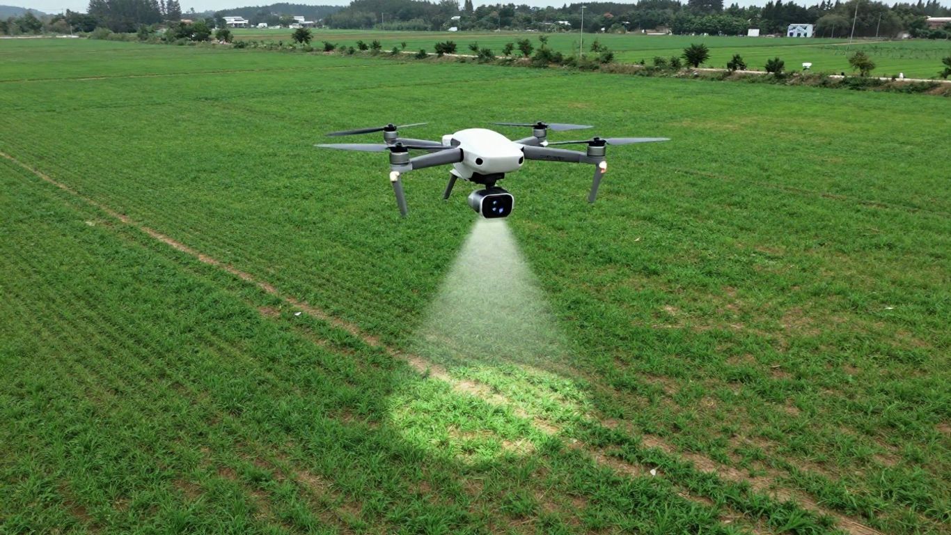 Drone scanning a landscape with LiDAR technology.
