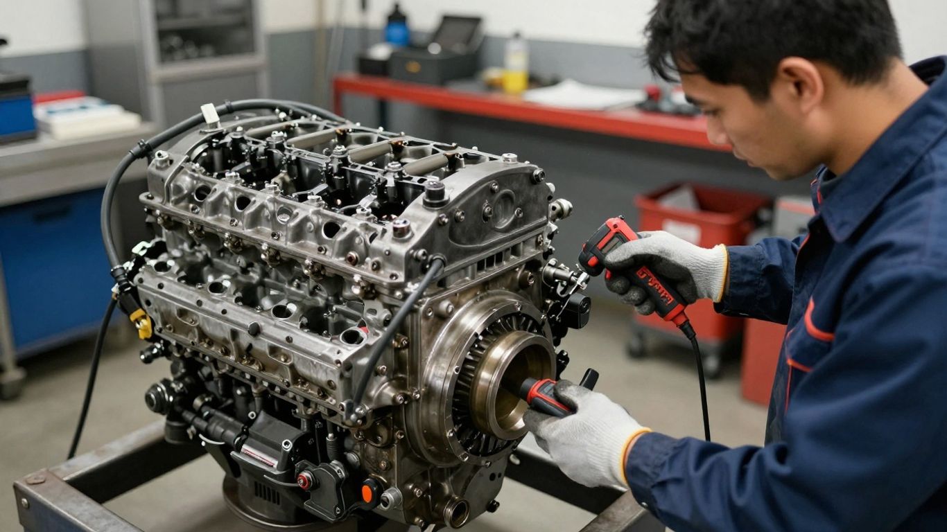 Mechanic inspecting a used motor at a workshop
