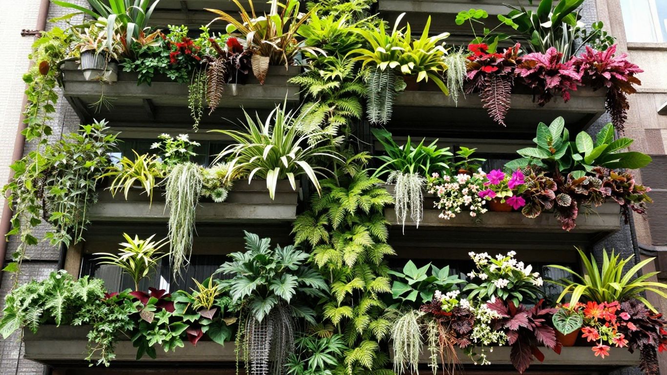 Vertikaler Garten mit bunten Blumen und grünen Pflanzen.