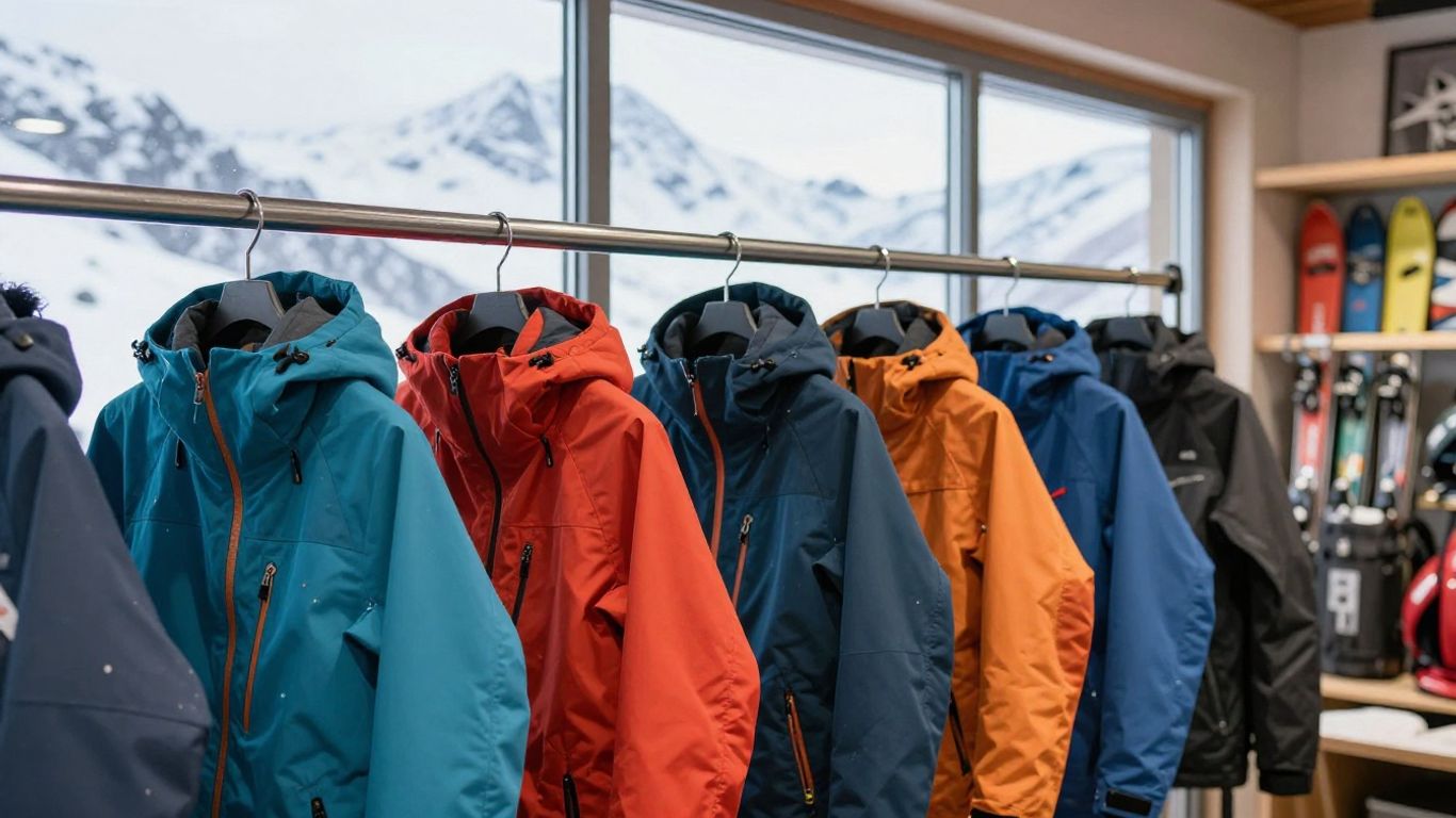 Bunte Skijacken im Laden vor verschneiten Bergen