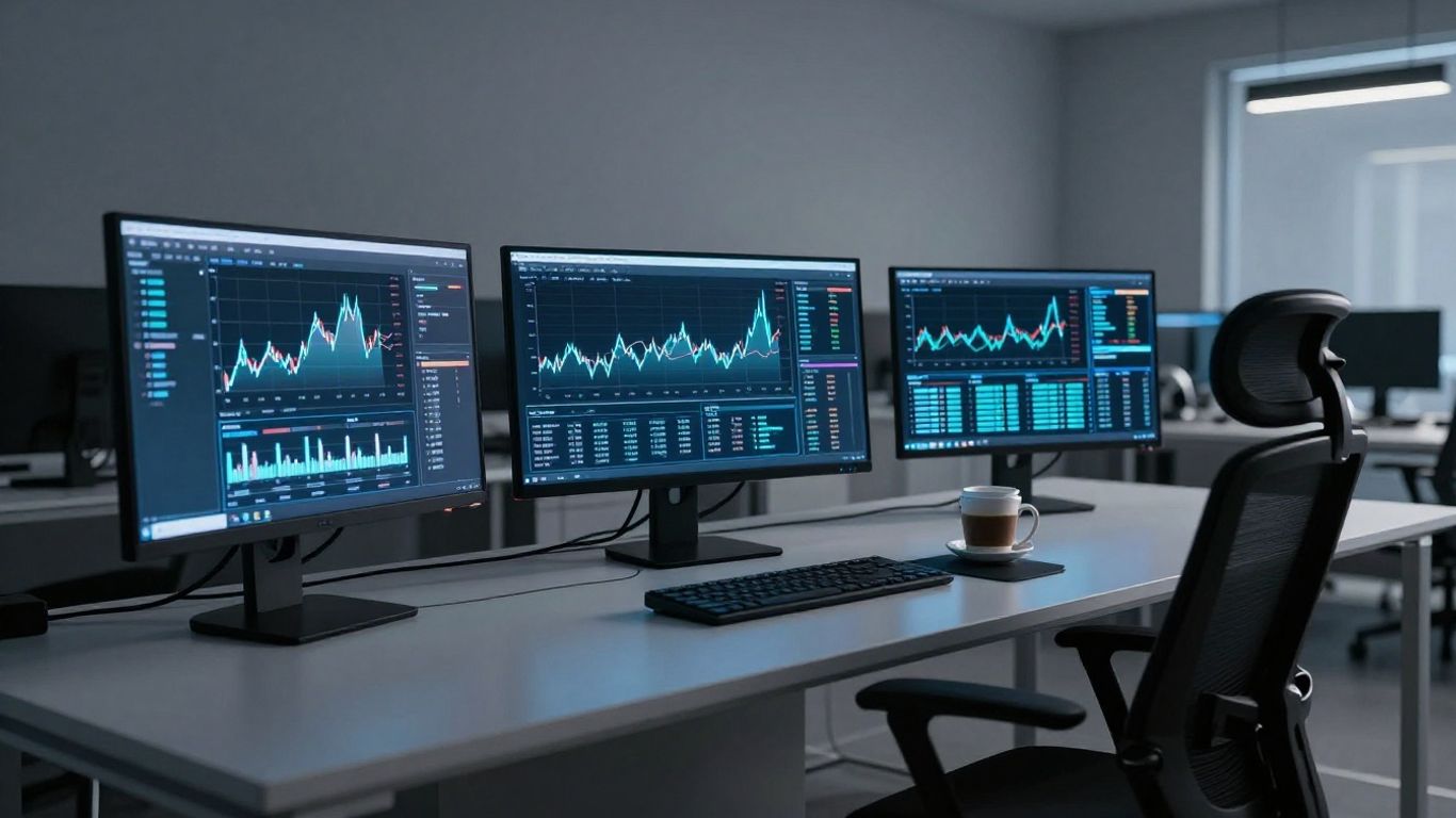 A futuristic workspace with screens showing trading data