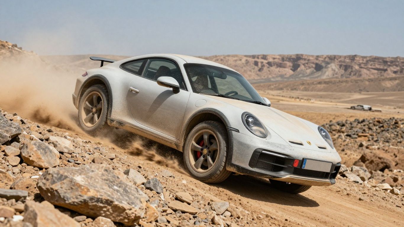 Porsche 911 Dakar driving on a dusty, rocky rally course.