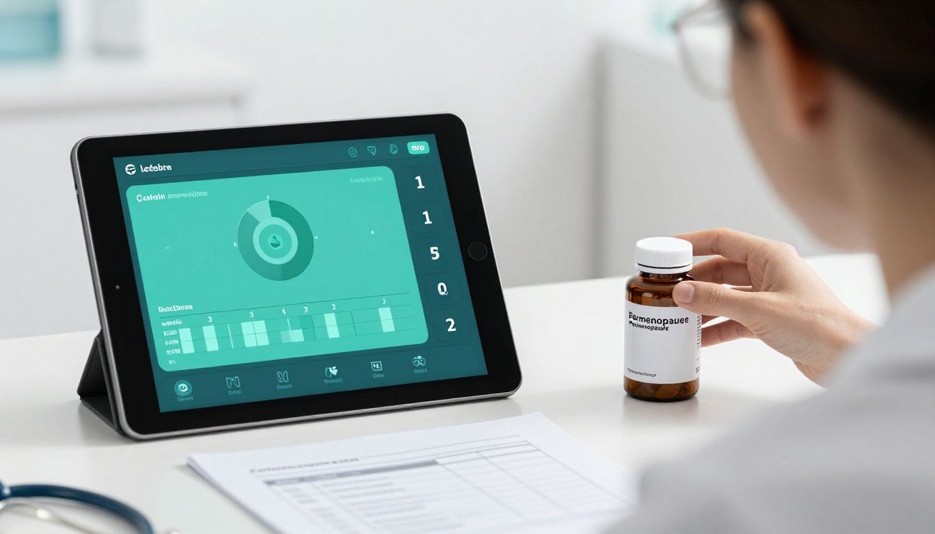 Modern clean clinical health-tech setup showing a smart tablet with health dashboard, supplement bottle, and clinical charts for perimenopause tracking