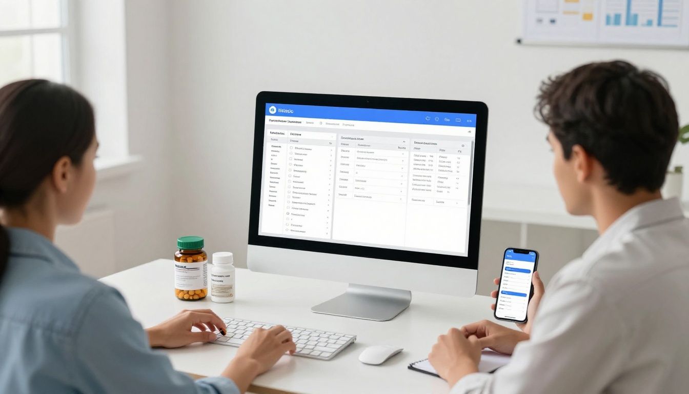Bright modern health-tech scene showing a diverse adult organizing medication details, supplement containers, lab results, symptom notes, and a health-tracking app on a clean desk in a well-lit contemporary setting