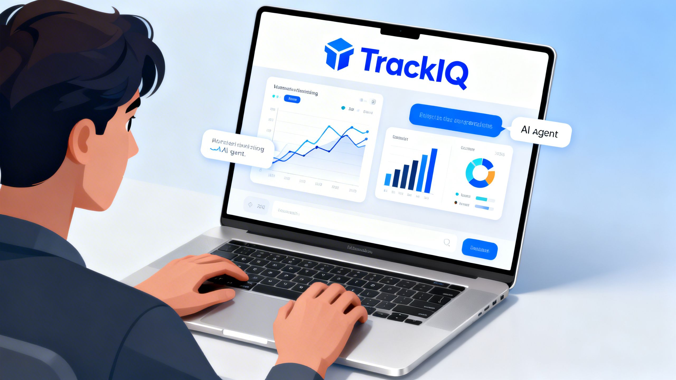 A user on a laptop having a conversation with the TrackIQ AI agent, with charts and data visualizations appearing in the chat interface.
