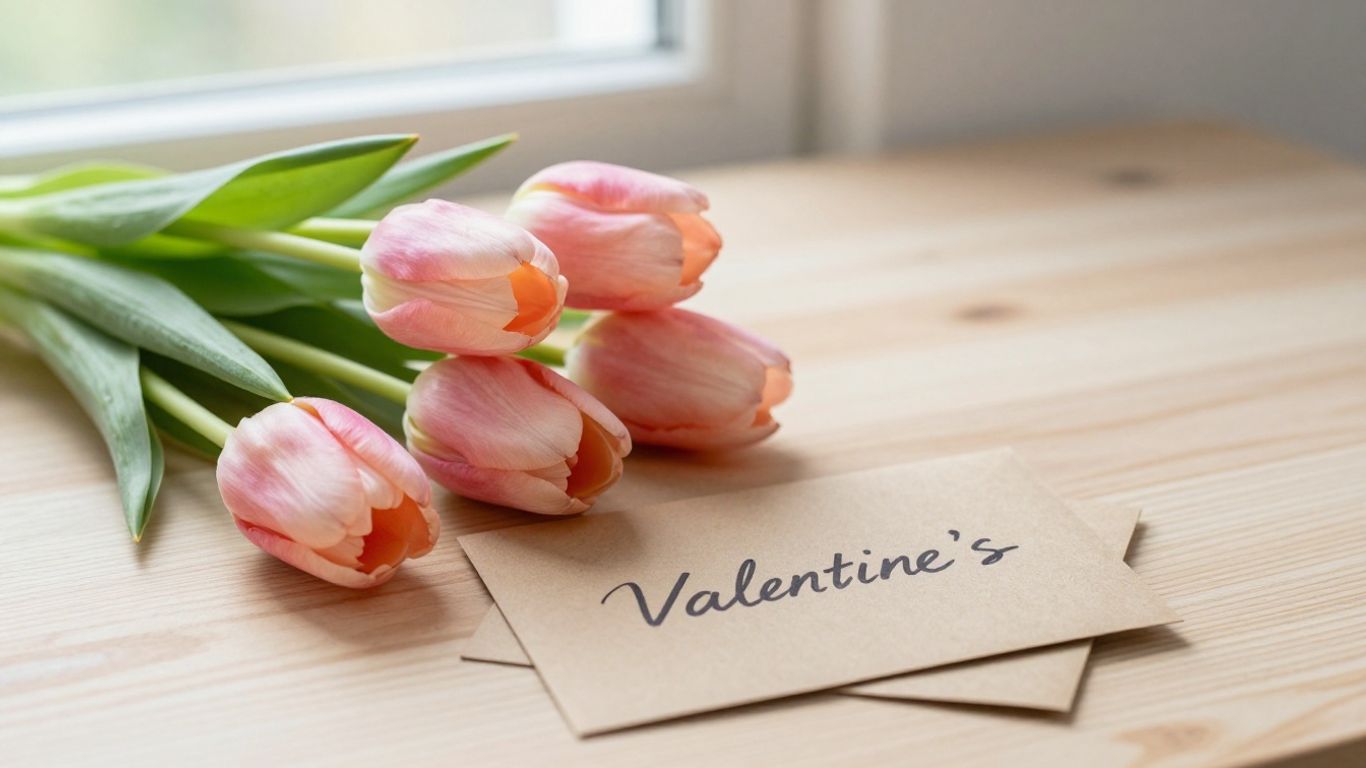 Soft tulip bouquet beside handwritten card