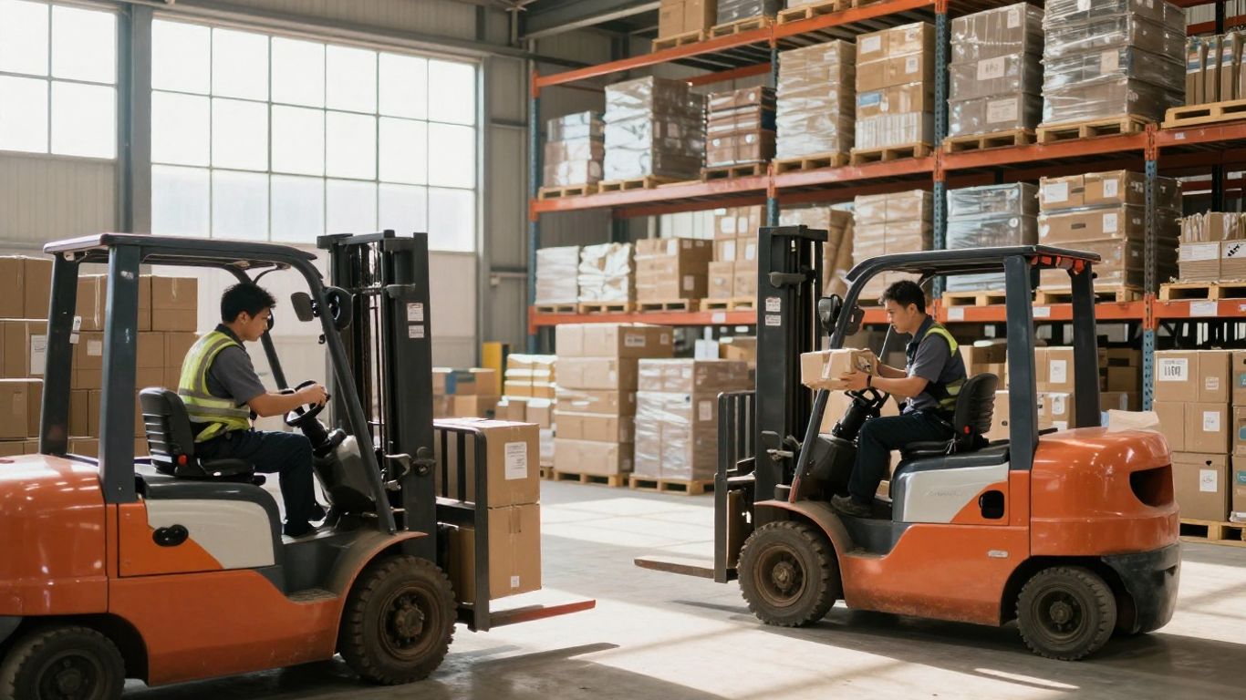 Zoho distributor warehouse with boxes and forklifts.