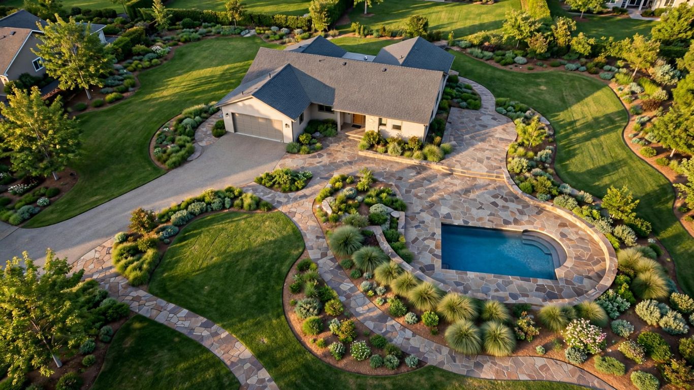 Drone view of a finished landscape and home