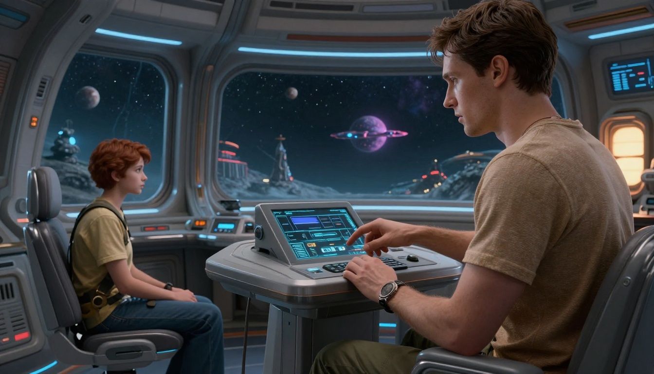 Jogador explorando um planeta alienígena com nave espacial, paisagens coloridas e uma base futurista