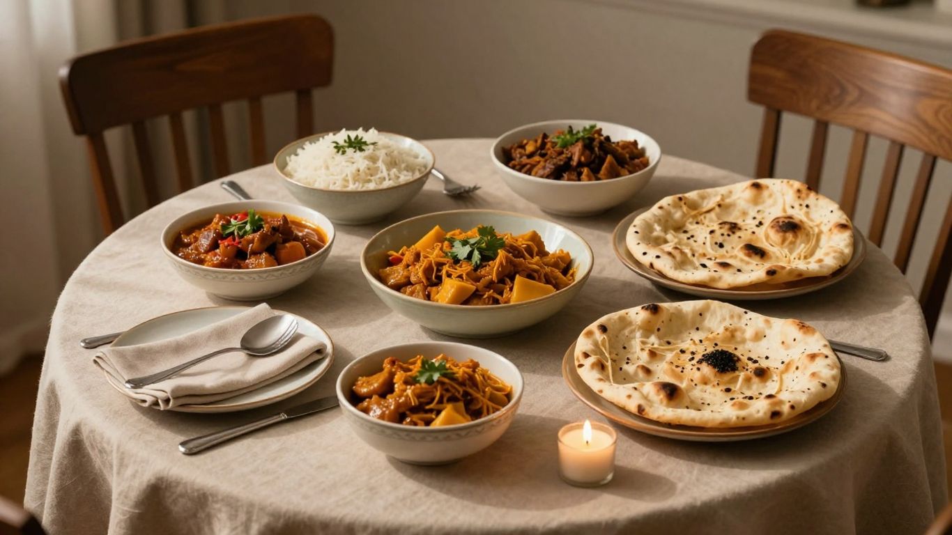 A candlelit table with Indian dishes